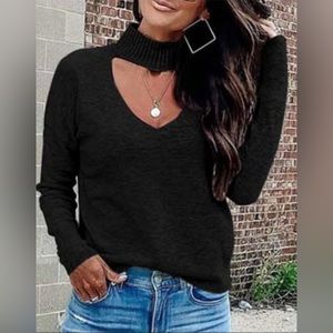 Sexy Choker Deep V Neck Loose Fit Cropped Long Sleeve Knit Soft Black Sweater